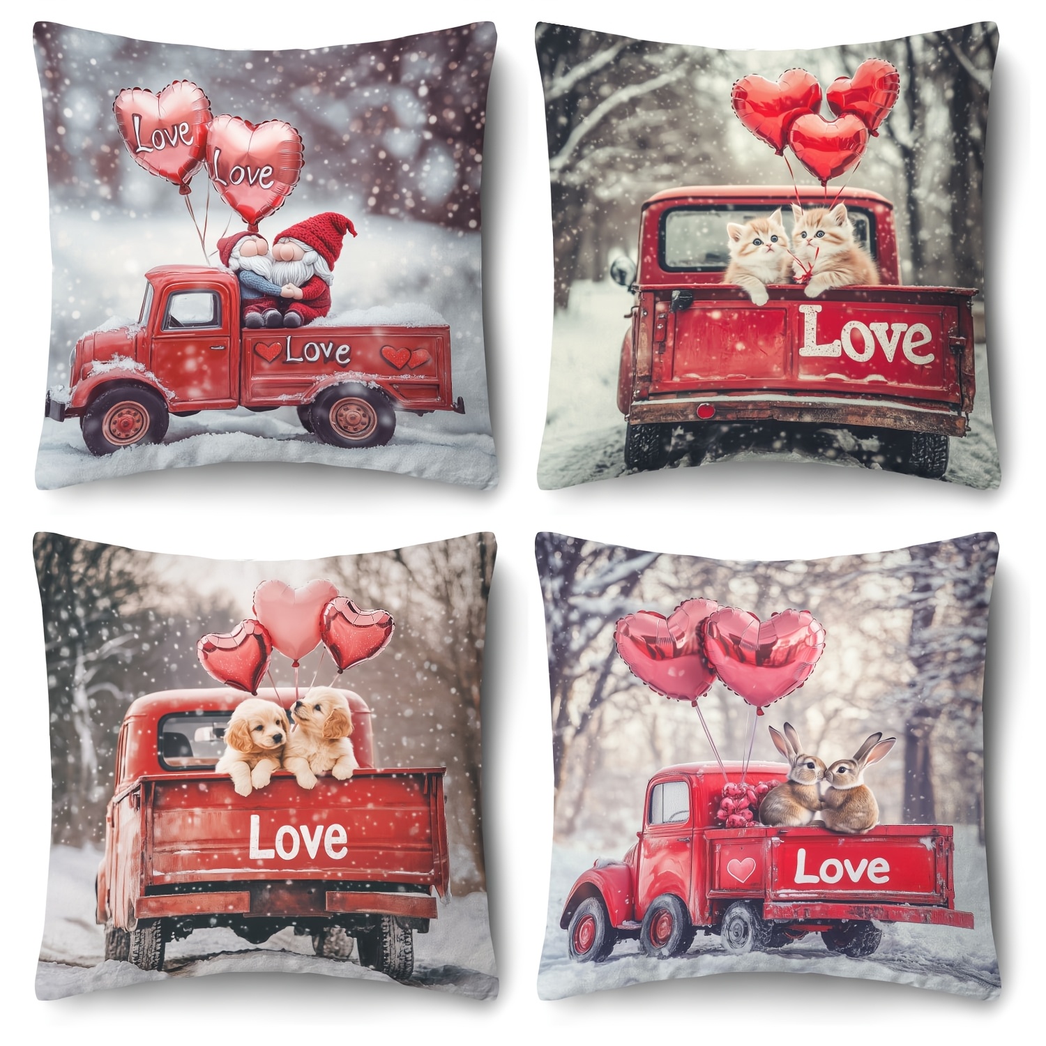 

Valentine's Day 4pcs Pillow Cover Set, With 'love' And Truck Design, 18x18 Inches, Zip Closure, Machine Washable, Polyester - Ideal For Living Room And