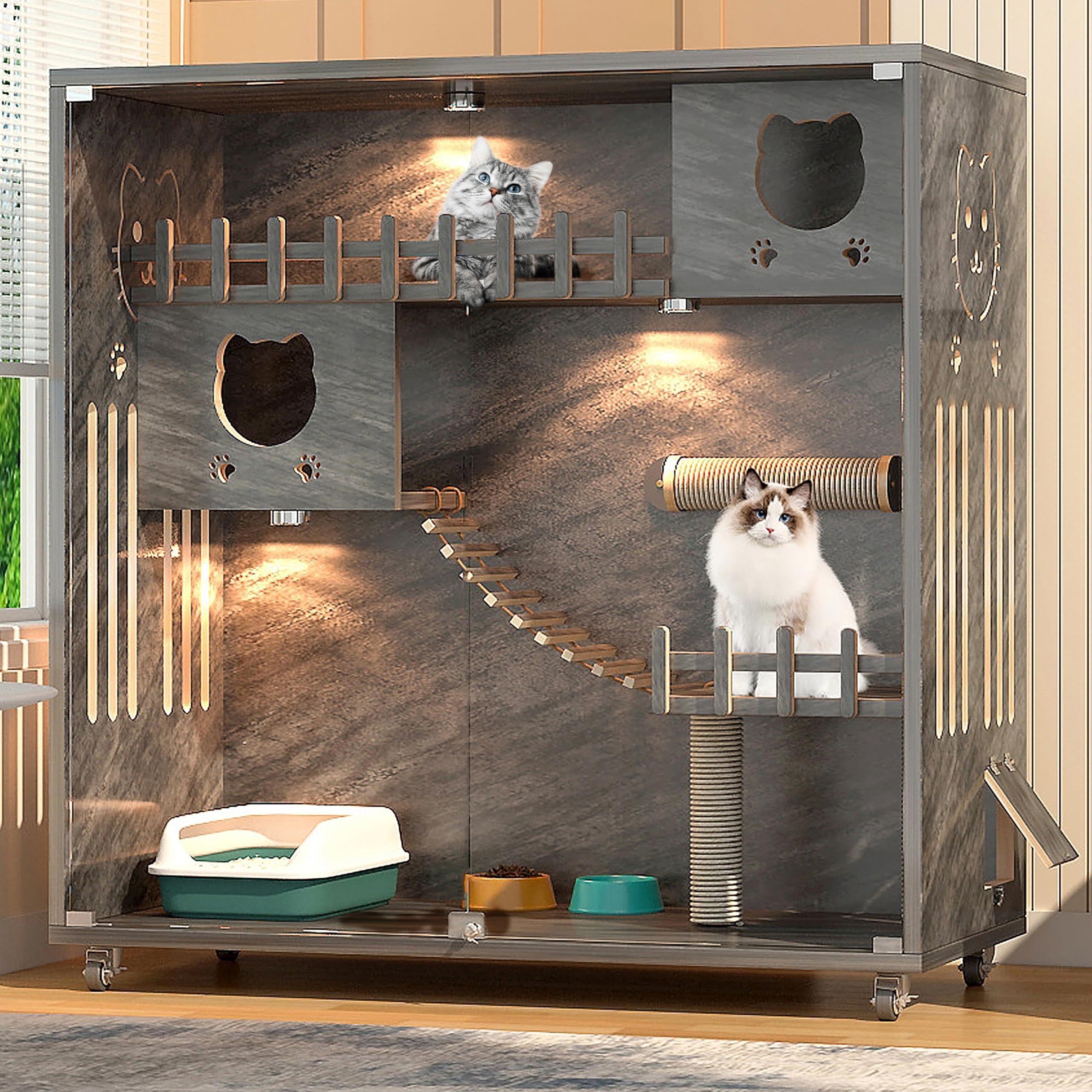 

Grey Wooden Cat House, Indoor/outdoor Cat Enclosure With Wheels, Large Cage With Scratching Post, Multi- Enclosed Cat Condo, Can Multiple Cats, 50" X 48" X 24