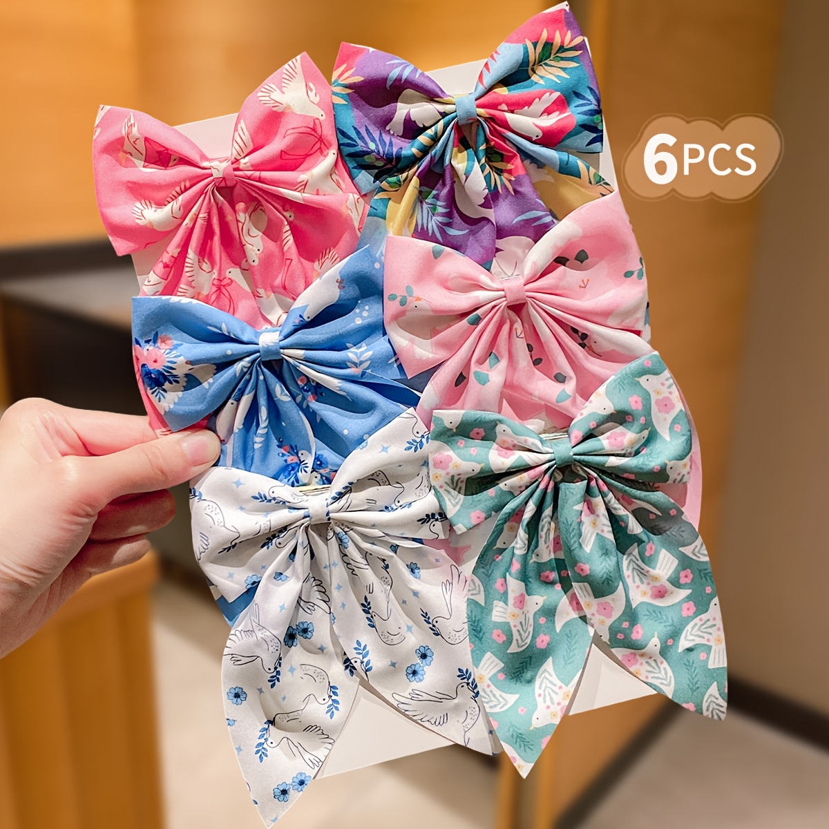 TEMU 6pcs Women's Sweet Of Peace Bow Hair Clips, 2026 New Floral Print Bow, Ribbon Design, Vintage Style, Versatile Accessories, Suitable For Gifting