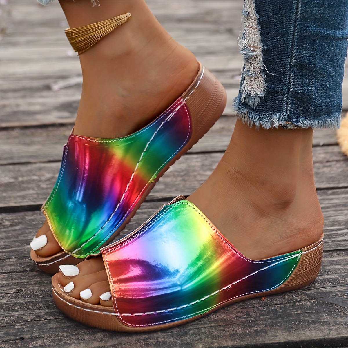 

Women's Rainbow Wedge Slide Sandals, Fashion Colorful Peep Toe Slip On Shoes, Casual Summer Outdoor Beach Shoes
