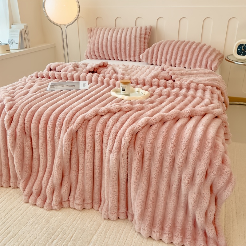 ultra soft   rabbit fur throw blanket cozy thick striped plush for     couch bed and hotel   christmas present details 17