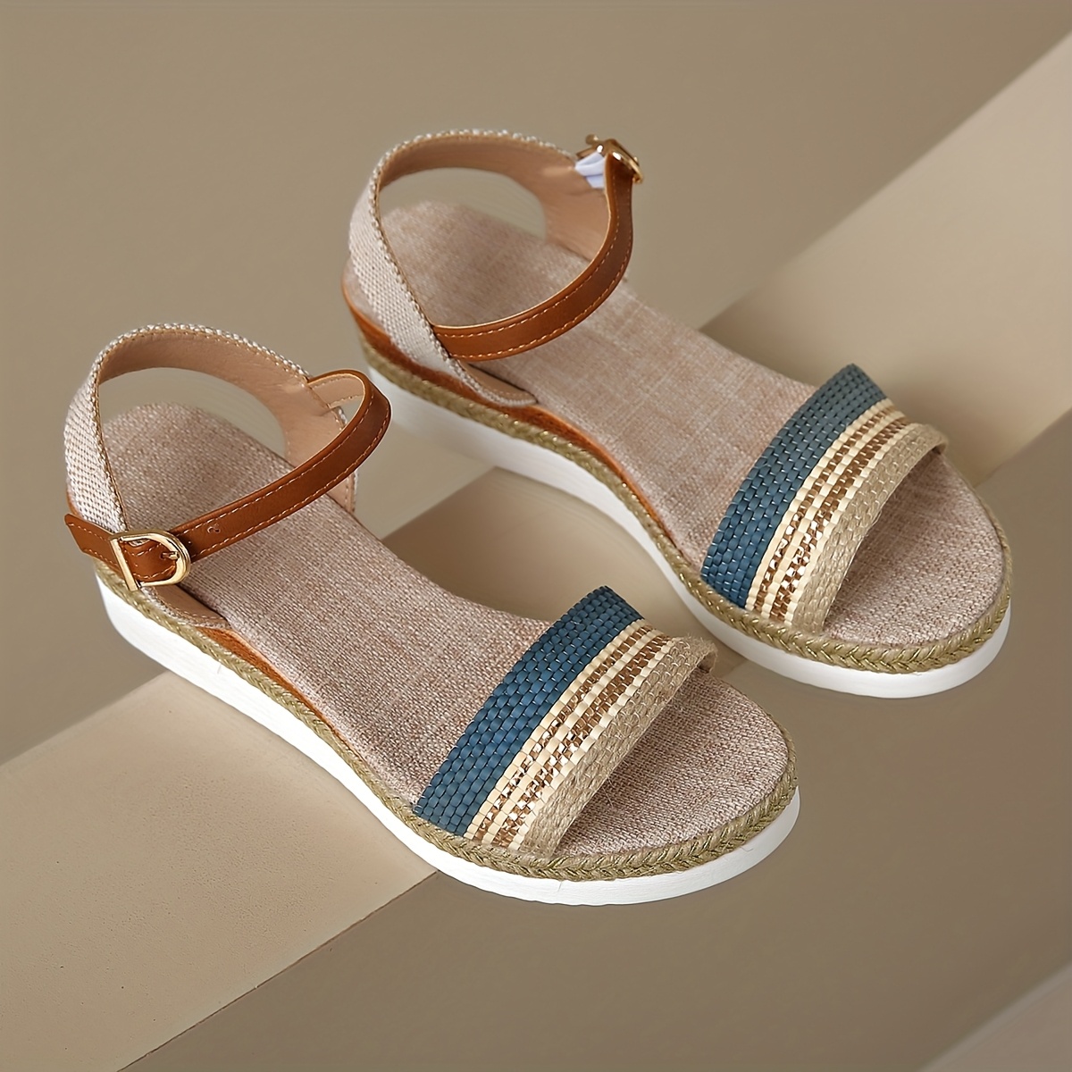 womens bohemian style platform sandals open toe slip on wedge   casual   shoes with braided straps and beige upper   beach and casual attire beach footwear bohemian sandals platform heel sandals Product details 4