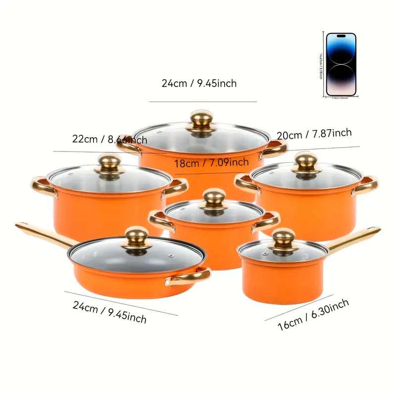 home use stainless steel 12pcs orange non stick cookware set soup pot frying pan milk pot and kitchen utensils with glass lids suitable for cooking cuisines Product details 9
