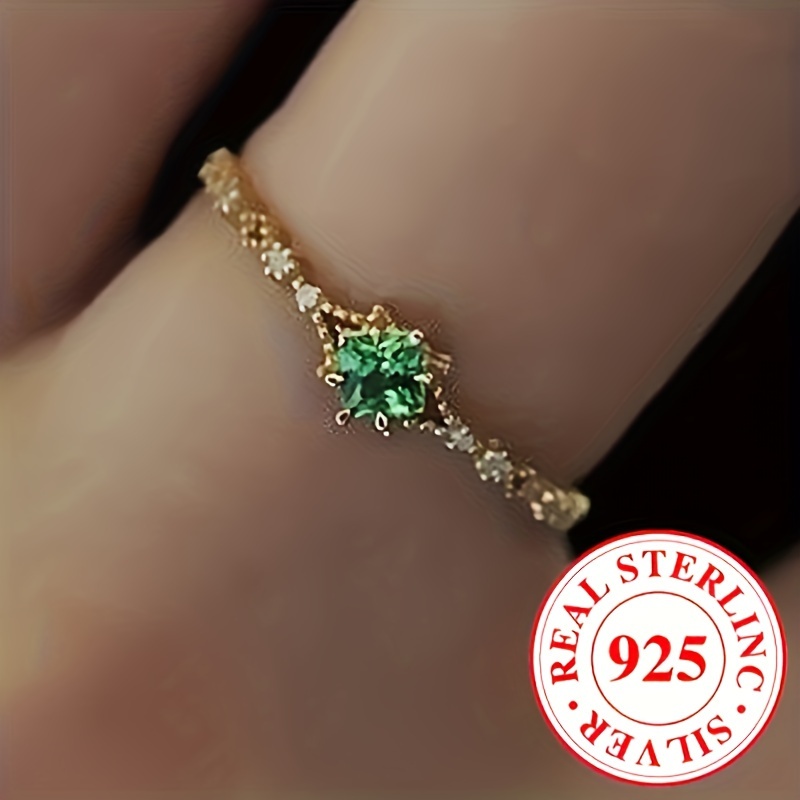 

925 Sterling Silver Vintage Exquisite Inlaid Green Synthetic Gemstone Thin Ring For Mom Daily Clothing Matching Holiday Casual Accessories