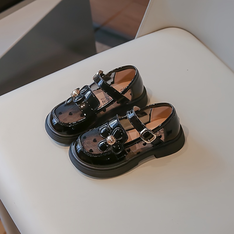 Ballerines Mary Janes Pour Fille - Cuir Vernis Avec Fleurs Et Perles - Semelle Caoutchouc Antidérapante - Scratch