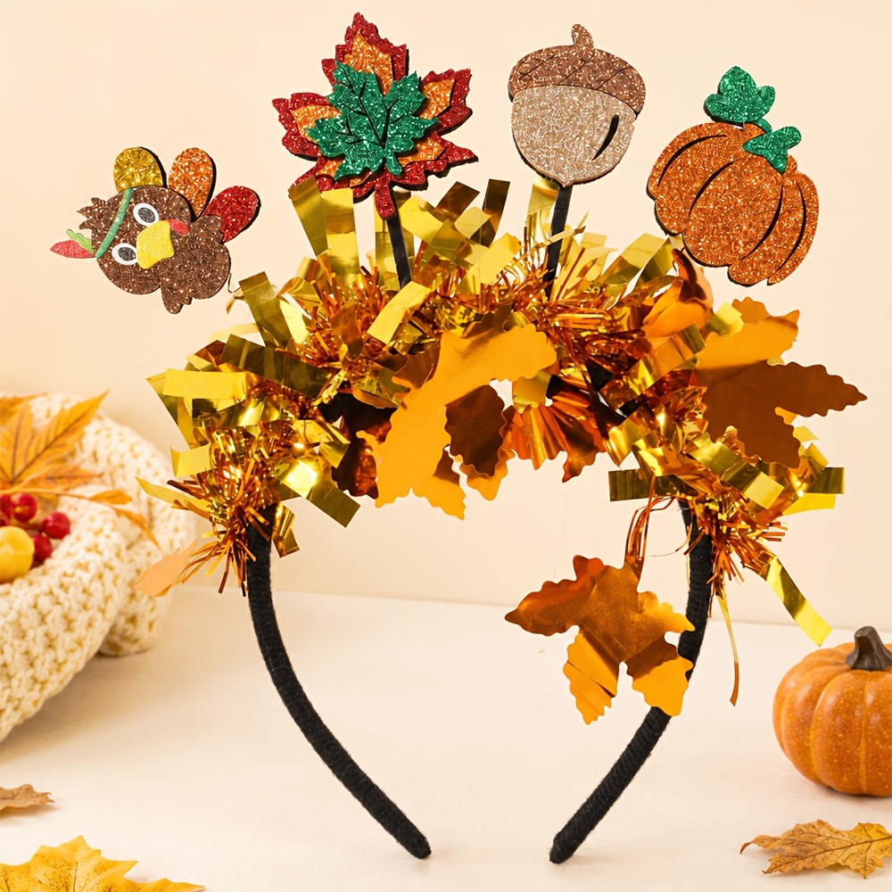 TEMU 1 Pack Thanksgiving Turkey Pumpkin Headband, Glitter Maple Leaf Metallic Tinsel Hair Hoop Women Party Photo Hair Accessory