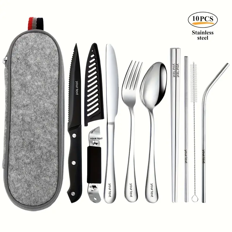 personalized customized outdoor portable cutlery set travel camping set 9 10pcs including knife chopsticks cleaning brush straw bottle opener steak knife with knife and not damaged portable bag silvery black Product details 2