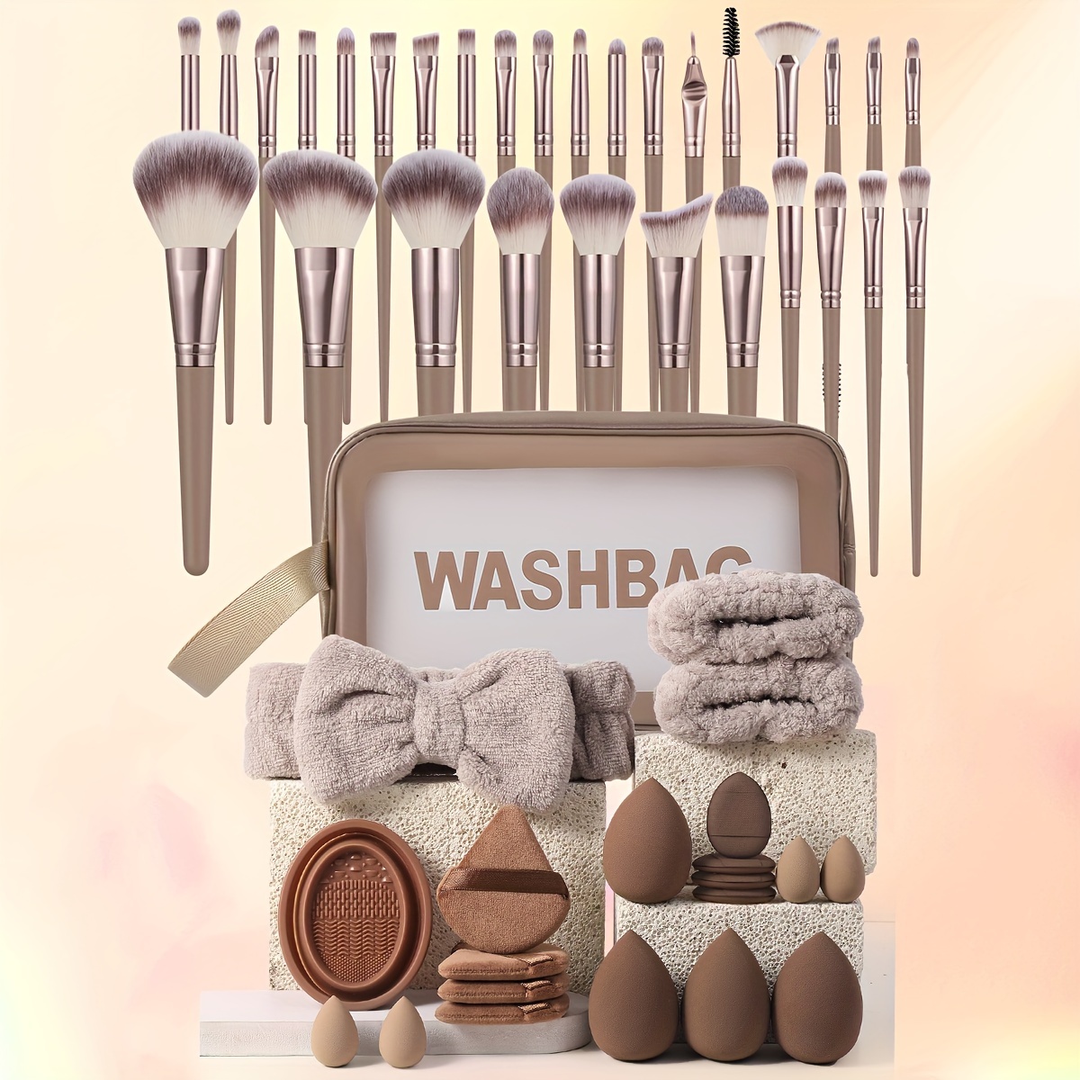 

51-piece Makeup Tool Set - 30 Palm Brush Makeup Brushes, Wash Bag, Hair Tie, 2 Wristbands, 8 Makeup Sponges, 8 Powder Puffs, Cleaning Bowl - Nylon Bristle, Abs Handle, Alcohol-free For Normal Skin