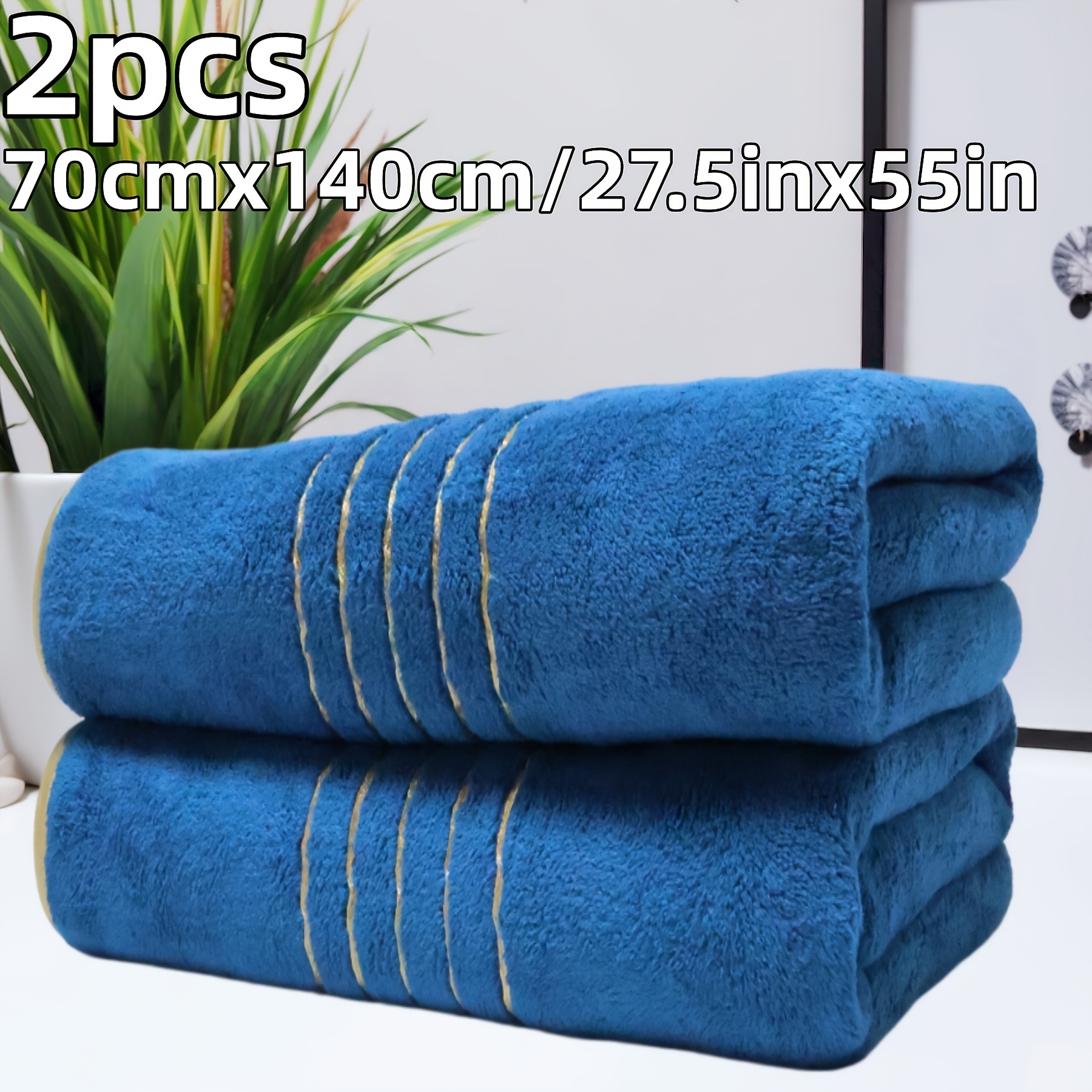 TEMU 2pcs 70cmx140cm Golden Embroidered Bath Towels, 300 Gsm Thick Coral Material, Multiple Colors, Absorbent, Quick Drying, Soft And Comfortable,