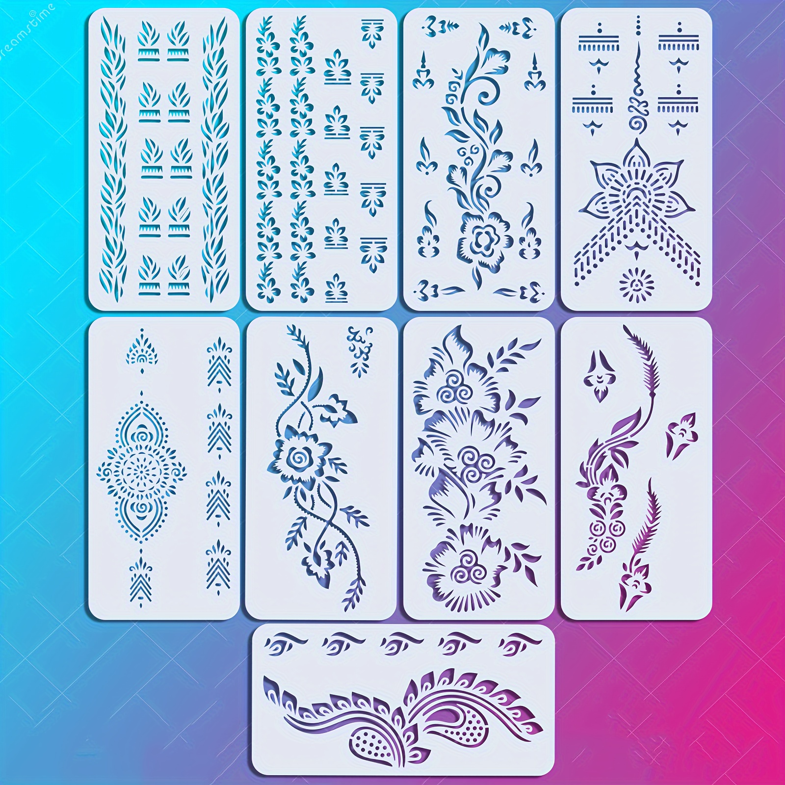 

9-piece Hand & Floral Stencil Set For Diy Body Art - Reusable Templates For Hands, Feet & More, 7.87x2.94 Inches, White Plastic
