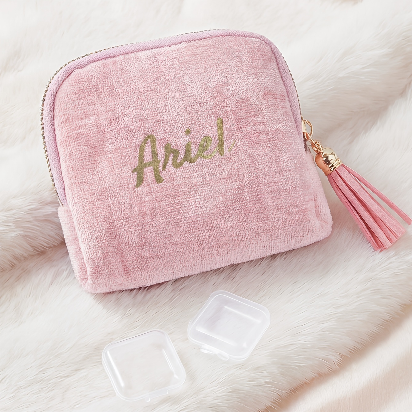 TEMU [Personnalisé] 1 Pochette Organisateur de Bijoux avec Nom Personnalisé, 2 Boîtes à Bijoux Transparentes, Gland en Chenille, Rangement