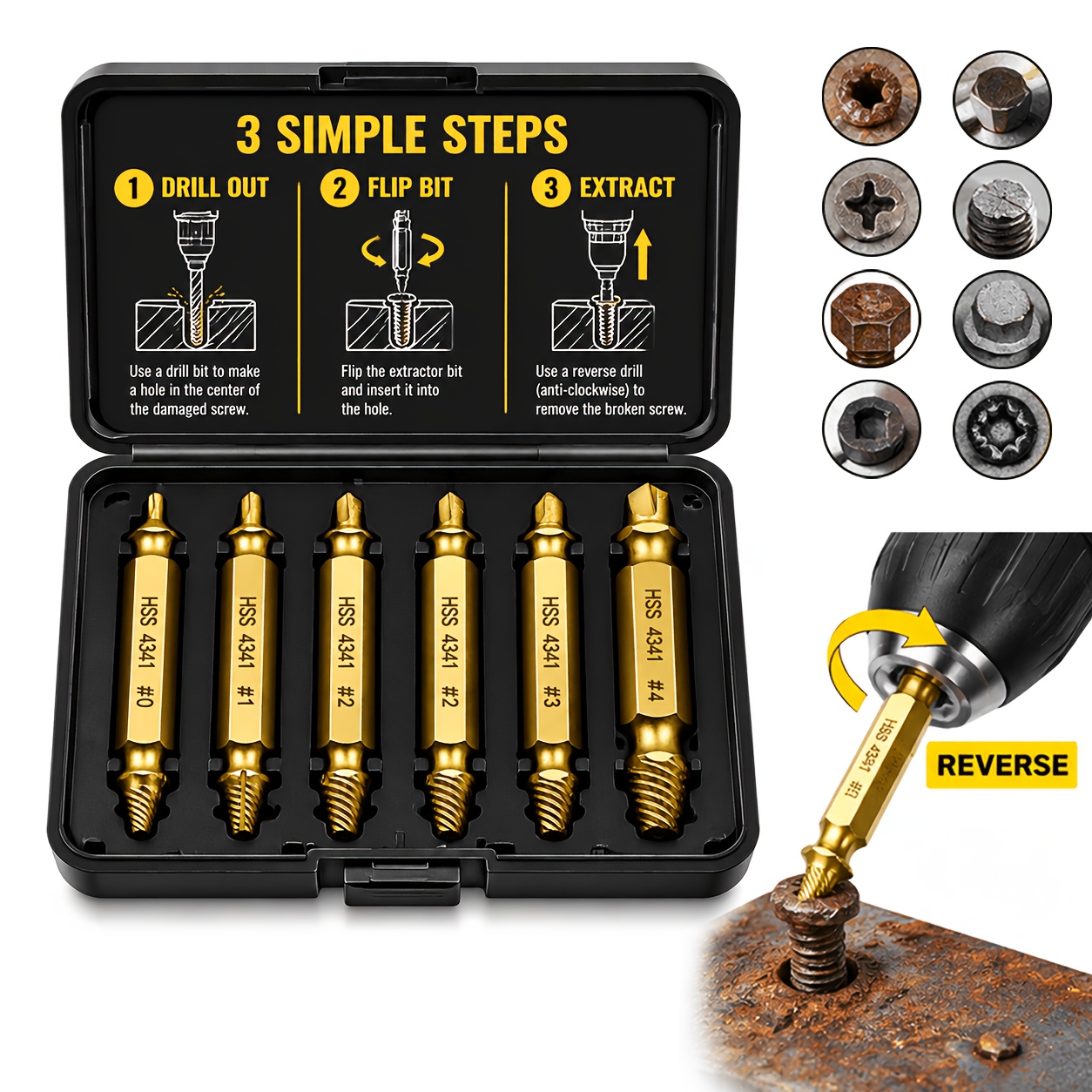 TEMU 4341 Titanium-coated Damaged Screw Extractor Tool Set, 6pcs Drill Bit Set With Storage Case, Includes Easy-removal Side Drill Bits And Damaged