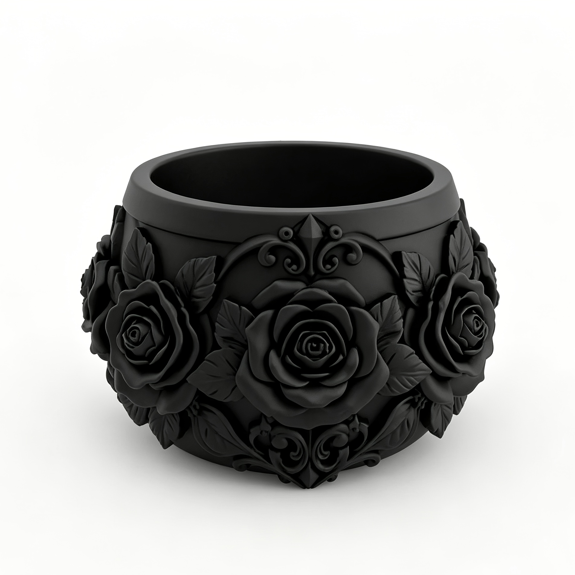 TEMU 1 pot de fleurs gothique noir avec rose en relief, sculpture vintage pour plantes grasses, pot de fleurs d'esthétique pour bureau, décoration de