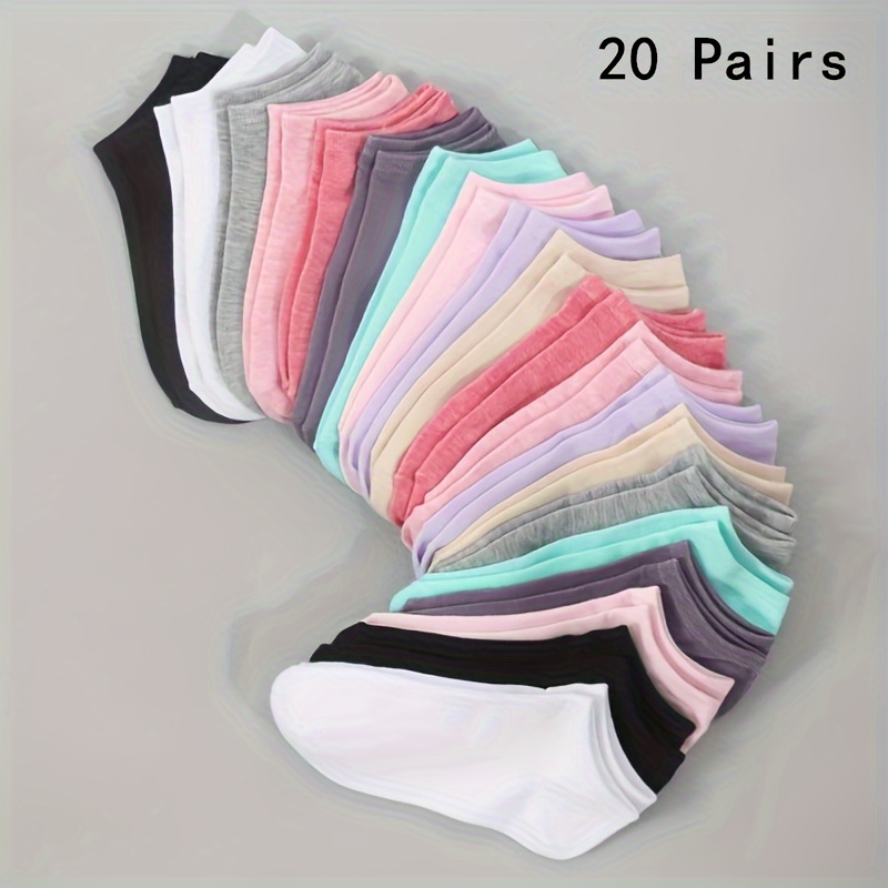 

20 Pairs Women's Ankle Socks, Assorted Colors, Comfortable Casual Everyday Wear, Simple Solid Color, Breathable Short Socks