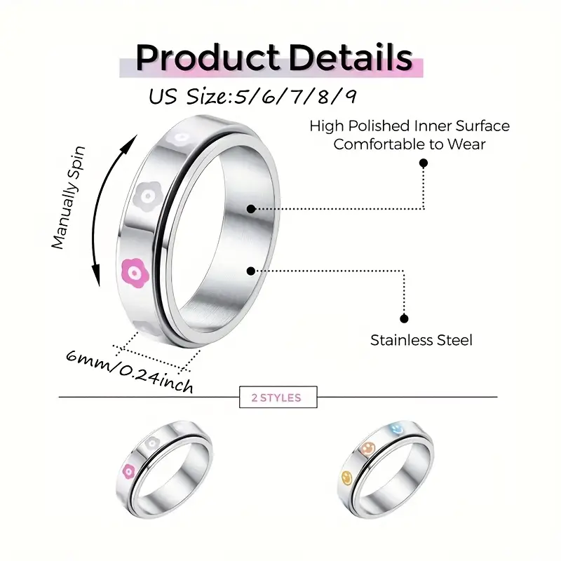 1pc stainless steel spinner rings for anxiety fidget band rings for women men flower happy face ring stress relieving reduce anxiet Product details 5