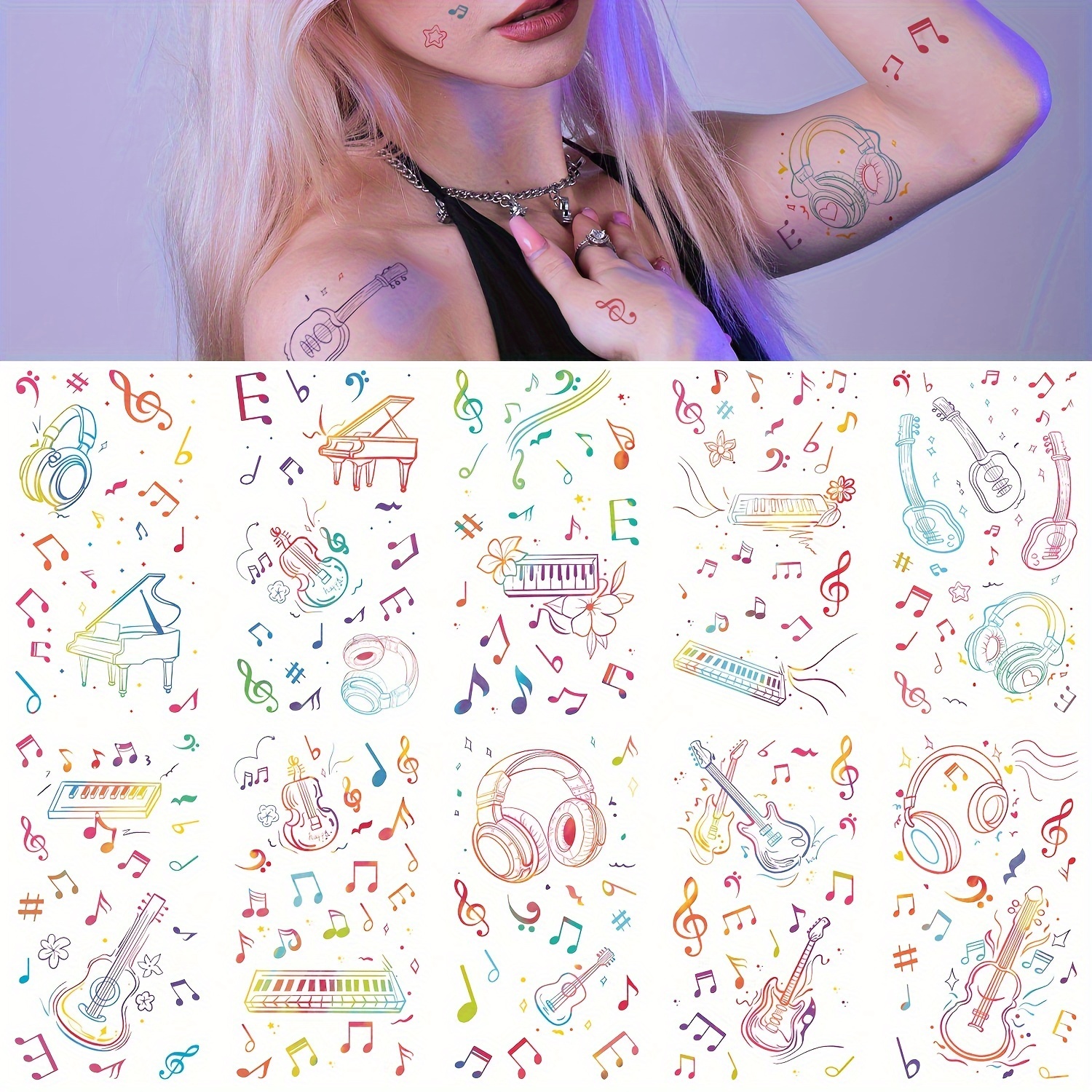 Image of 10 Sheets Multicolor Tattoo Stickers, Music Symbols Piano Guitar Violin Electronic Keyboard Headphone Patterns Temporary Tattoos, Suitable For Parties Concerts Makeup
