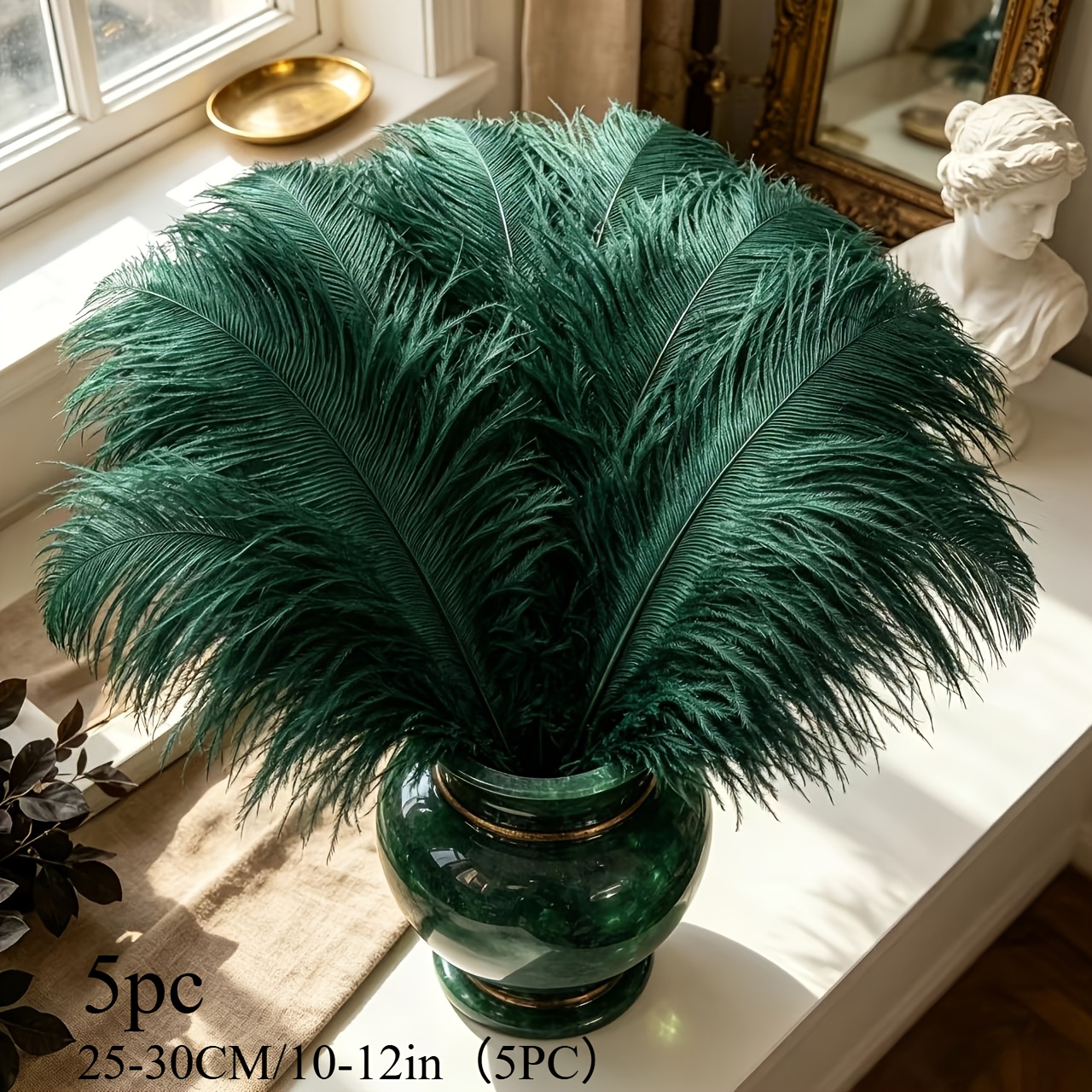 TEMU 25-30cm 5-pack Ink-green Artificial Ostrich Feathers, Soft Texture, Fluffy And Dense, Uniform Color. Ideal For Home Decor, Crafting, Scene