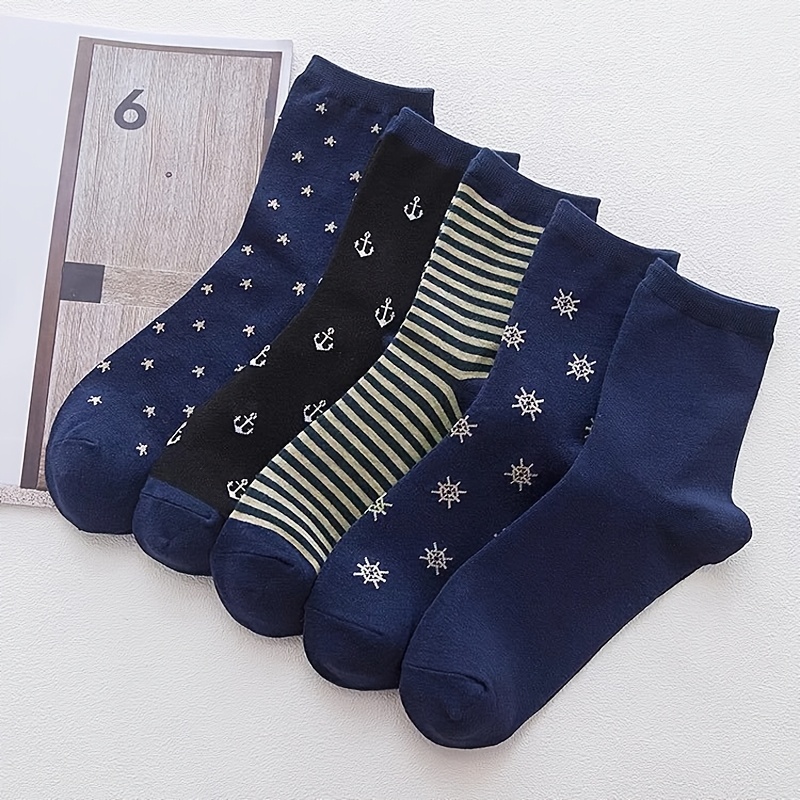 TEMU 5 Pairs Of Comfortable And Breathable Navy Style Sports Socks For Men And Summer, Casual And Versatile Mid-length Socks