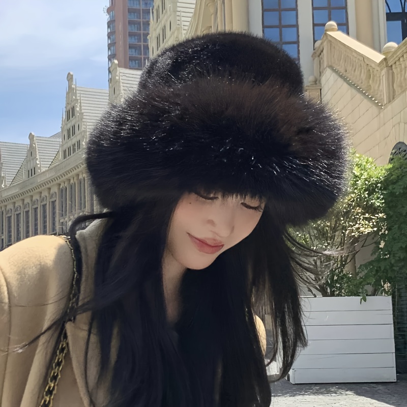 

Chic Fur Bucket Hat For Women - Lightweight, Knit Polyester Cap With Elegant Bow Detail - 's Day & Movie-themed Outfits