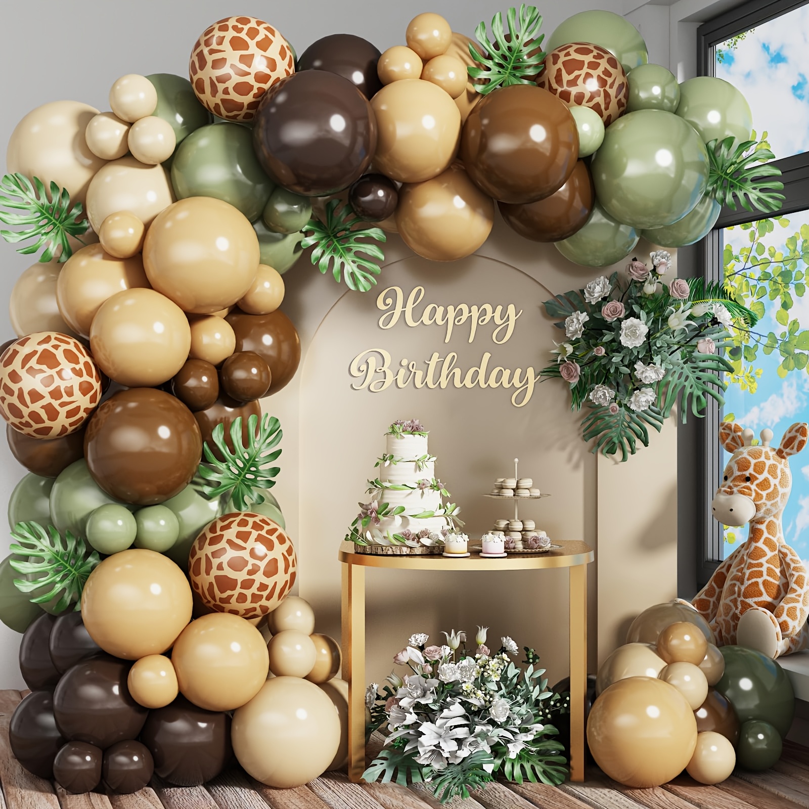 TEMU Green And Brown Balloon Garland Kit - Avocado Green, Skin Tone, Animal Print Balloons With Ivory For Jungle, Themed Birthday Decorations,