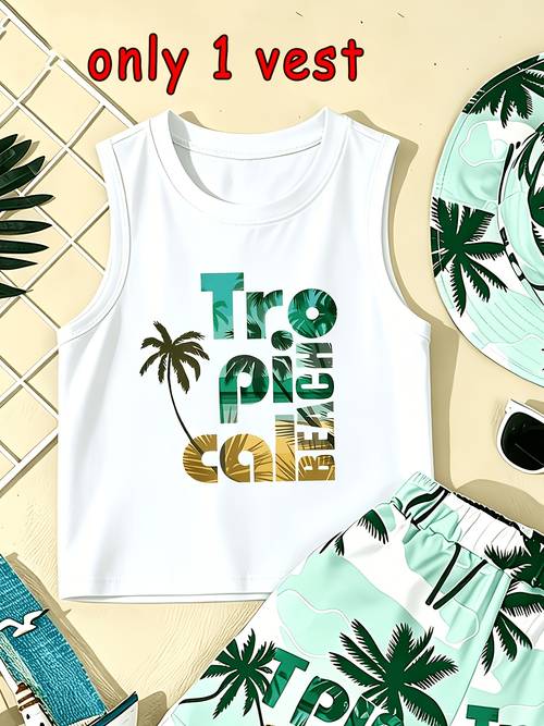 1pc boys vest tree beach vacation travel slogan printed polyester fiber round neck elastic knitted fabric boys tank neck sports style