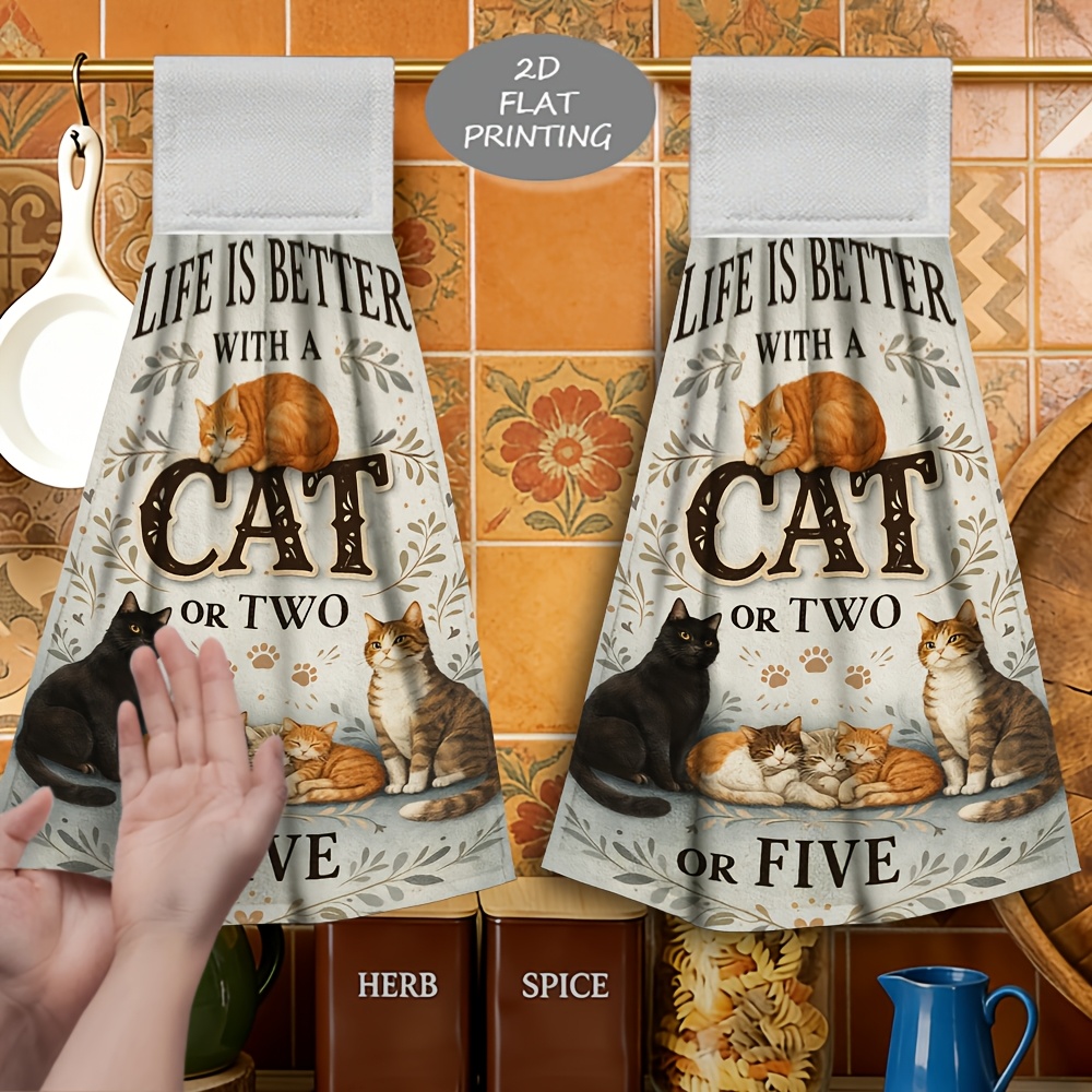 TEMU 2pcs Cat And Leaves Pattern Print Hanging Hand Towel, Multifunctional Hand Towel, Soft Microfiber, Fine , Comfortable And Skin-friendly, Highly