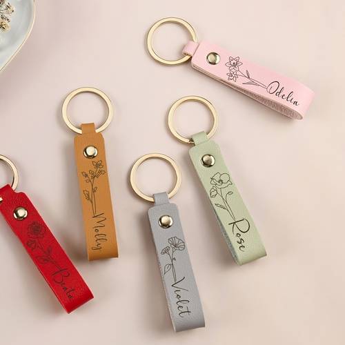 single personalized leather keychain custom birth flower key ring name keychain bag tag ideal for women anniversary bridesmaid gifts
