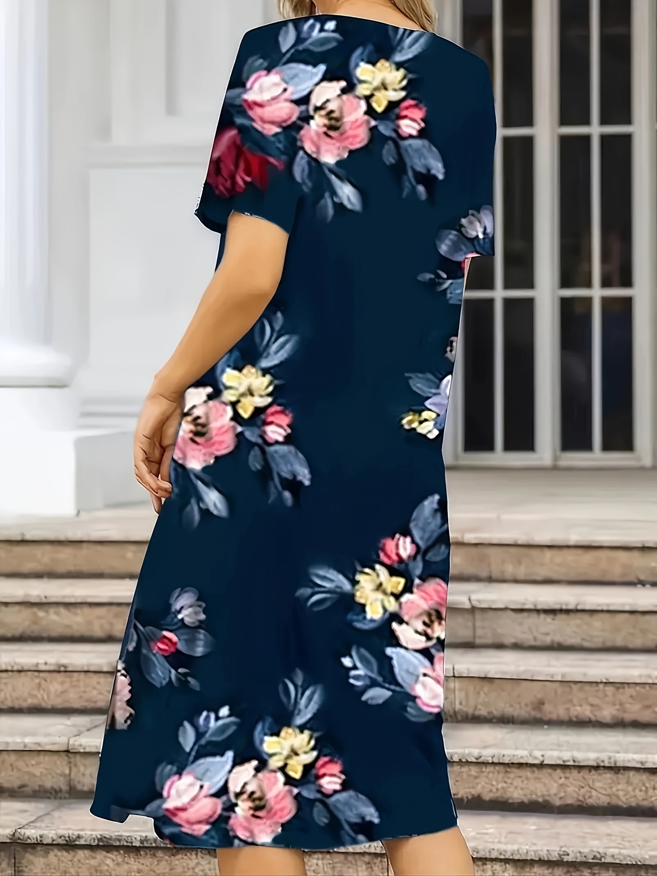 plus size floral print pockets dress casual short sleeve crew neck dress for spring summer womens plus size clothing details 0