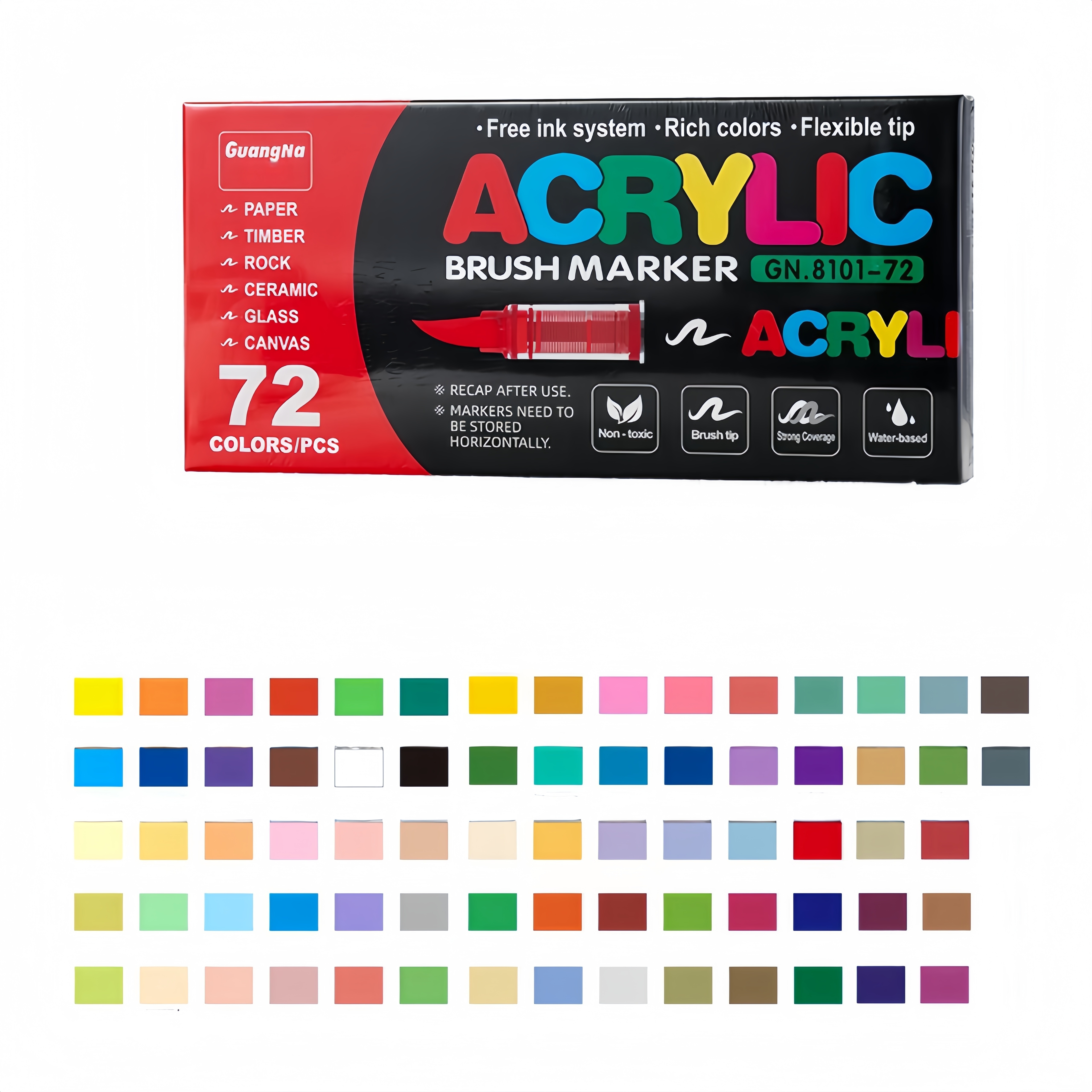 

Set Of 72 Acrylic Paint Pens Featuring Soft Brush Tips, Surfaces Like Canvas, Rocks, Wood, Stone, Glass, Ceramics, Fabric, And Diy Projects.