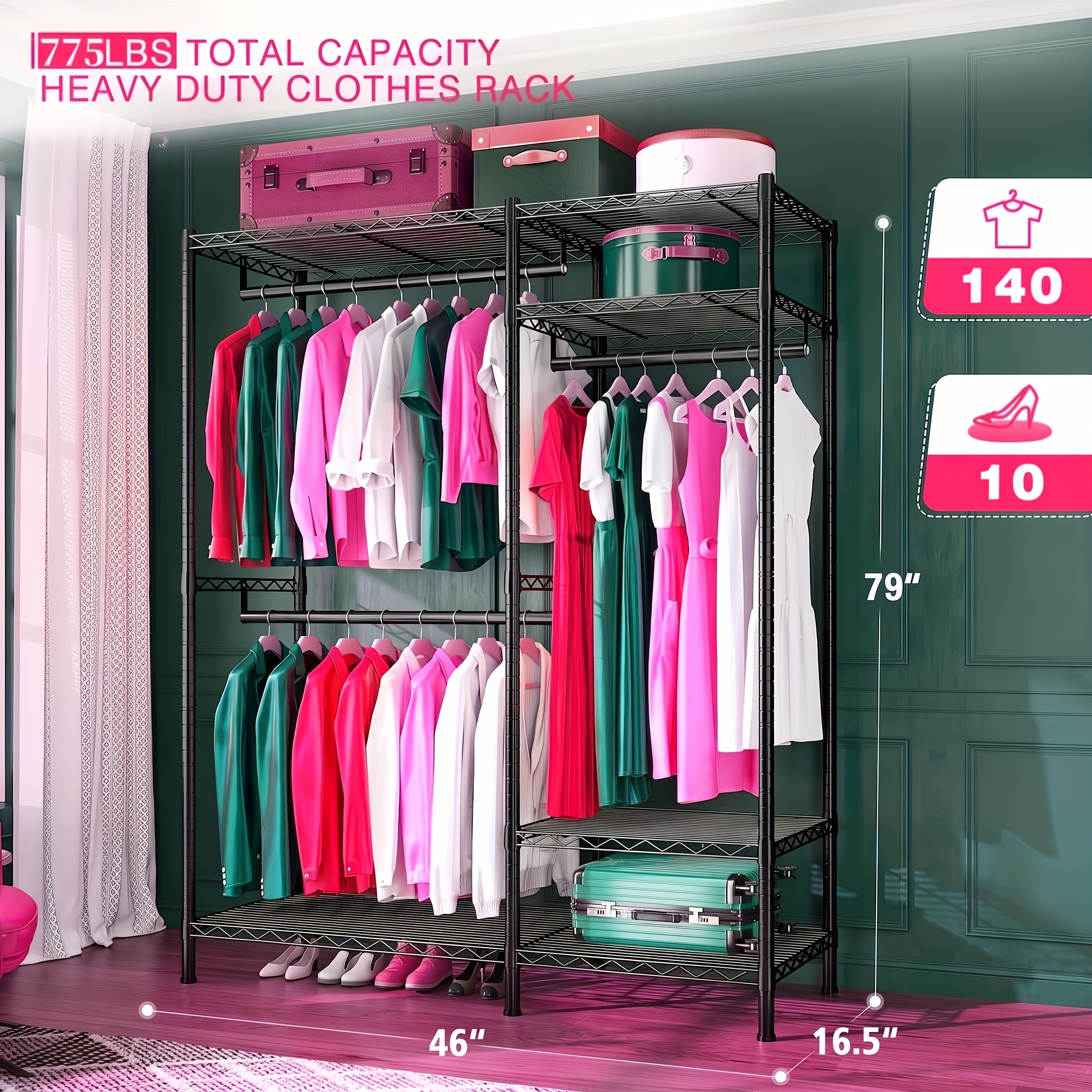 TEMU Clothes Rack, Heavy Duty Clothes Rack, 4-tier Closet Organizer, Freestanding Metal Wardrobe With 775 Lbs Load Capacity, Wire Garment Rack For