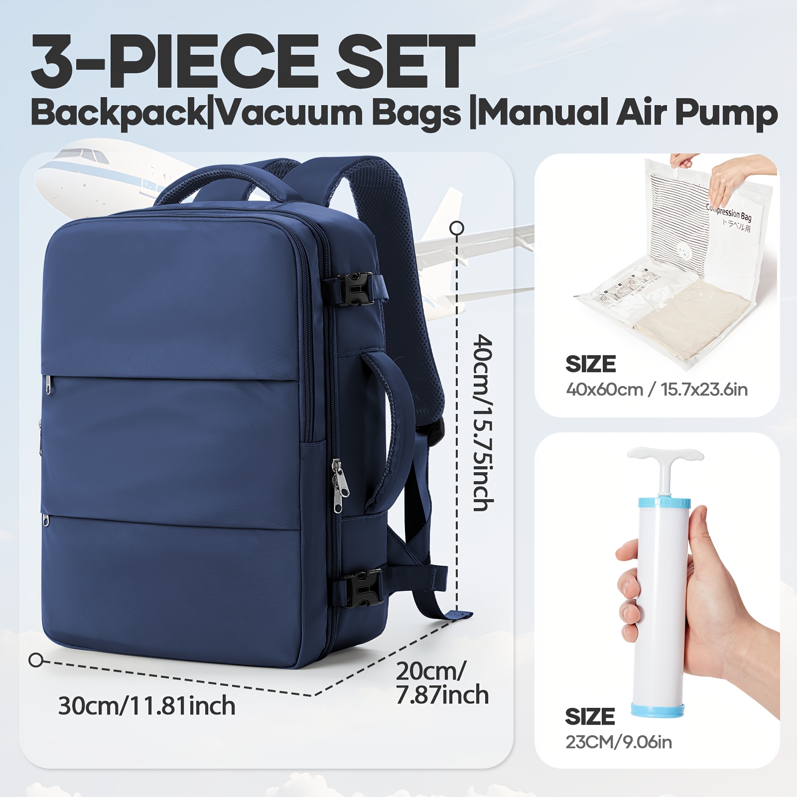 TEMU Women's Backpack With Vacuum Bag And Manual Pump, Ryanair Cabin Bags 40x30x20 Underseat 24l, Carry-on Backpack Airline Approved, Vacuum Backpack