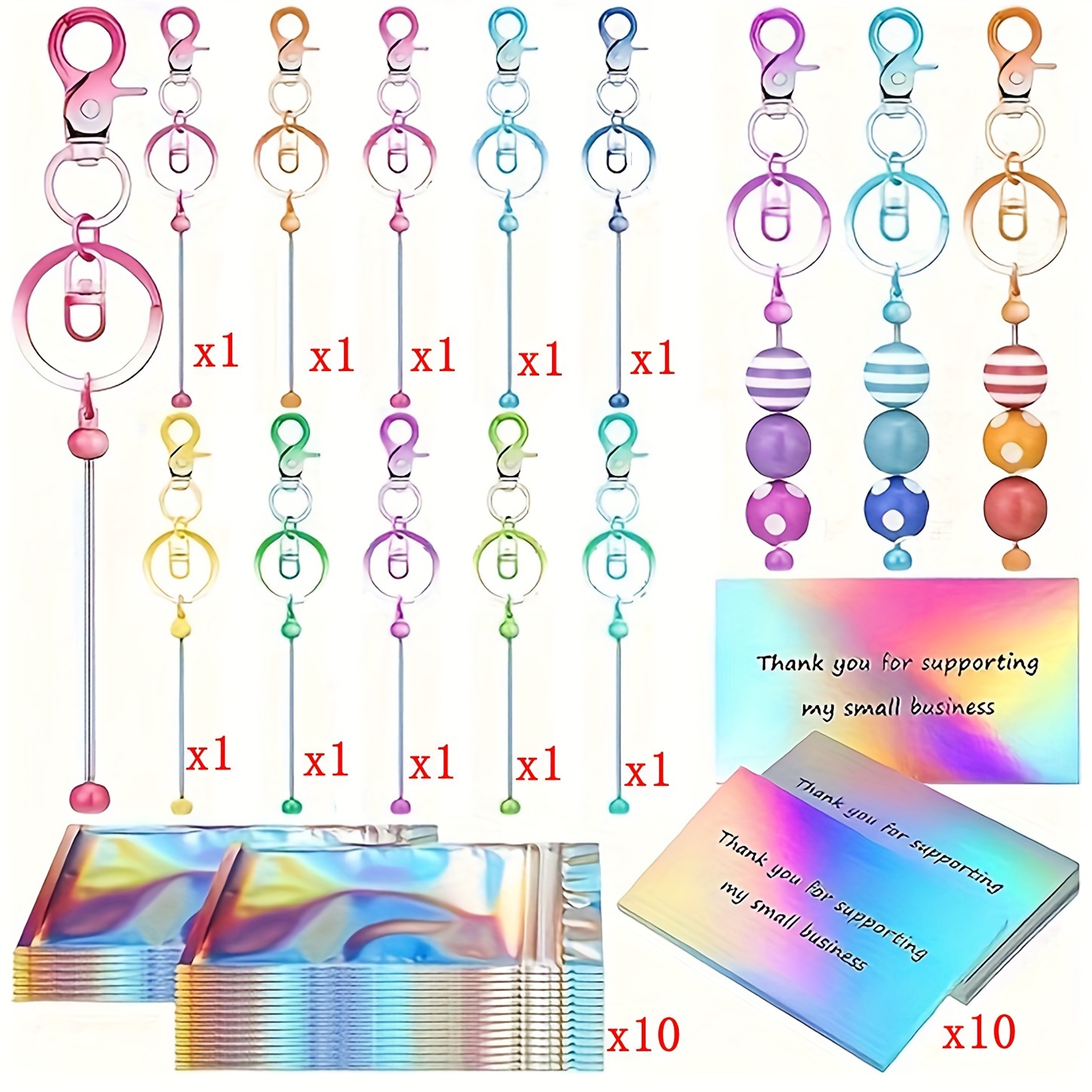 Image of 30pcs Vintage Colored Blank Bead Keychain Set With Metal Lobster Clasps, Thank You Cards, And Sealed Bags For Bag Additions