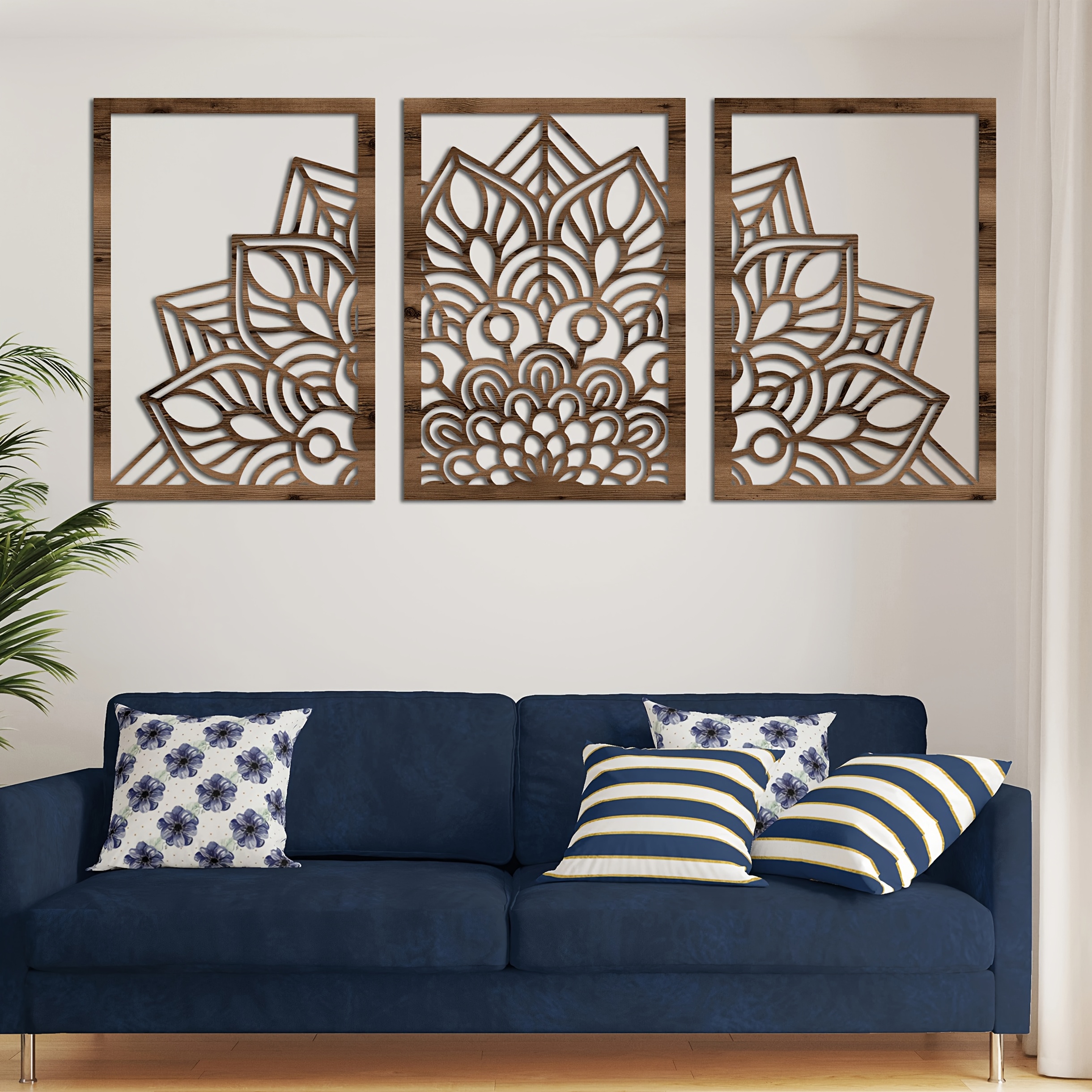 

Brown Mandala With Flower Panel Set Of Wall Art Beautiful Mandala Flower Wall Decor, Exotic Mandala Panels Wood Wall Decor