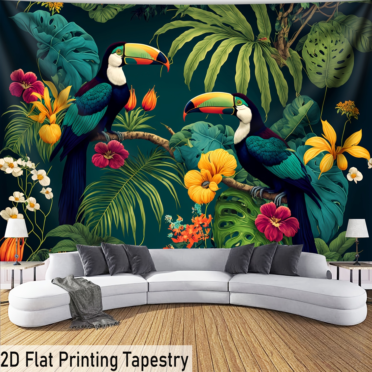 TEMU [2d Flat Printing] 1pc Ultra Large Size- Vibrant Parrot Plants Landscape Photo Huge Digital Printing Tapestry, Aesthetic Printing Polyester- For