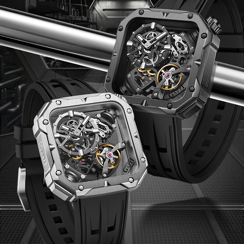 Men's Classic Square Skeleton Mechanical Watch with Fluoroelastomer Strap
