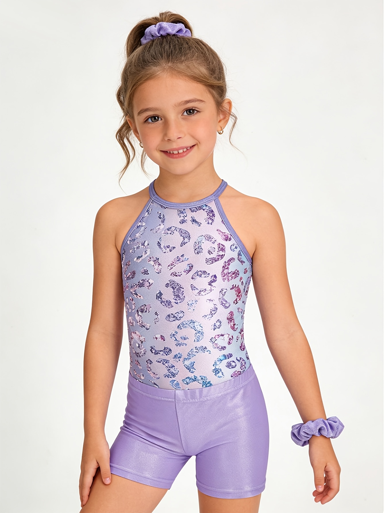 girls gymnastics bodysuit shiny sleeveless snap back dance leotard with gymnastics shorts   outdoor