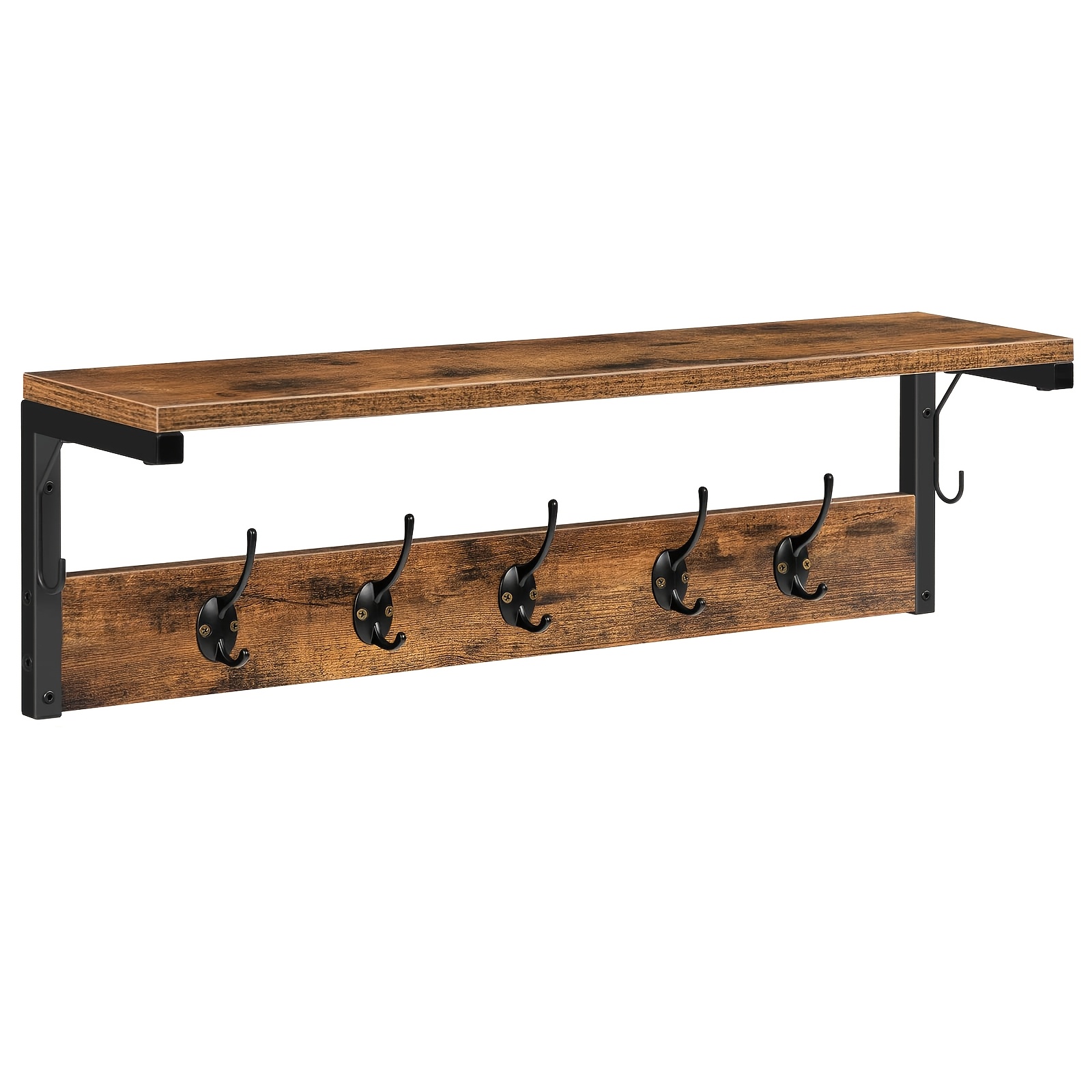 Image of Wall-mounted Coat Rack With 7 Hooks And Shelf, Equipped With Hangers, For Wall Installation, Suitable For Hallway, Living Room, Kitchen, In Dark Brown Color.