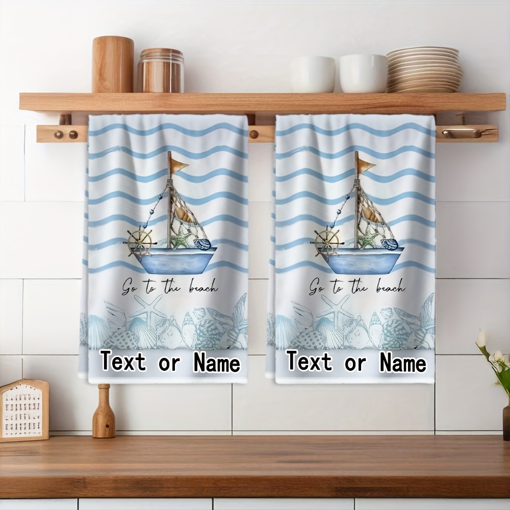 TEMU Serviettes de bain personnalisées, 2 pièces, avec possibilité d'ajout de ou de textes imprimés, motif bateau de plage. Serviettes exquises,