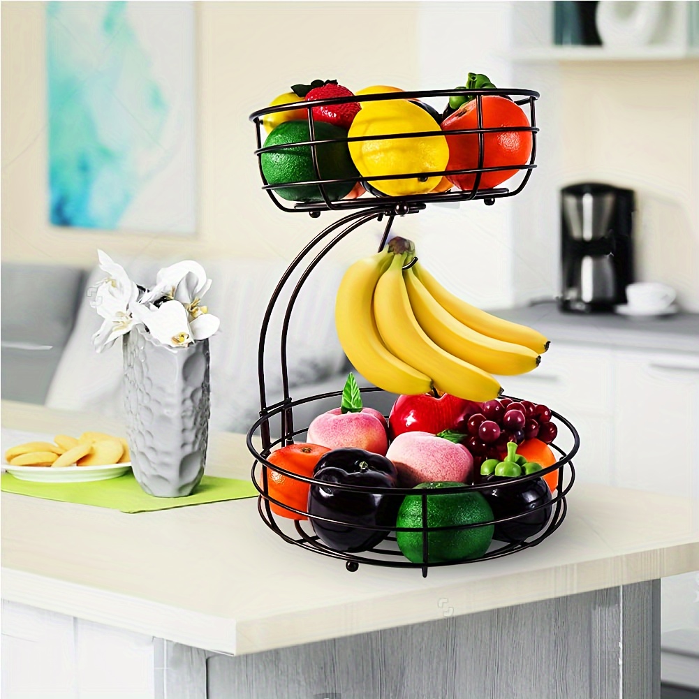 

2-tier Fruit Basket With Banana Hanger, Kitchen Countertop Metal Storage, Metal Wire Basket For Vegetable Bread Onions Potatoes Snacks, Round