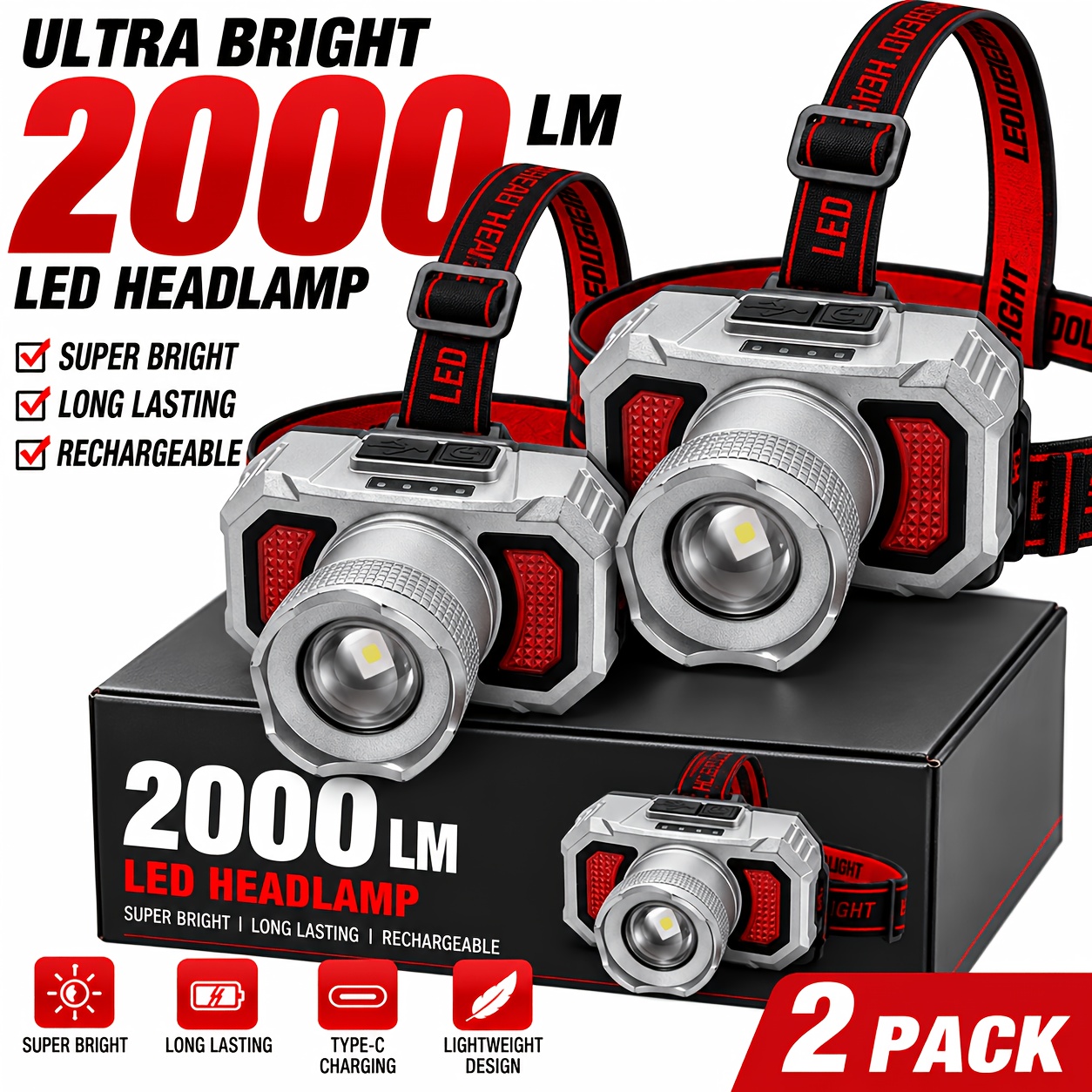 TEMU 2pcs ( Free) Usb Rechargeable Headlights. With 3 Brightness And Electric Quantity Display, This Bright Headlight Is Suitable For Fishing,