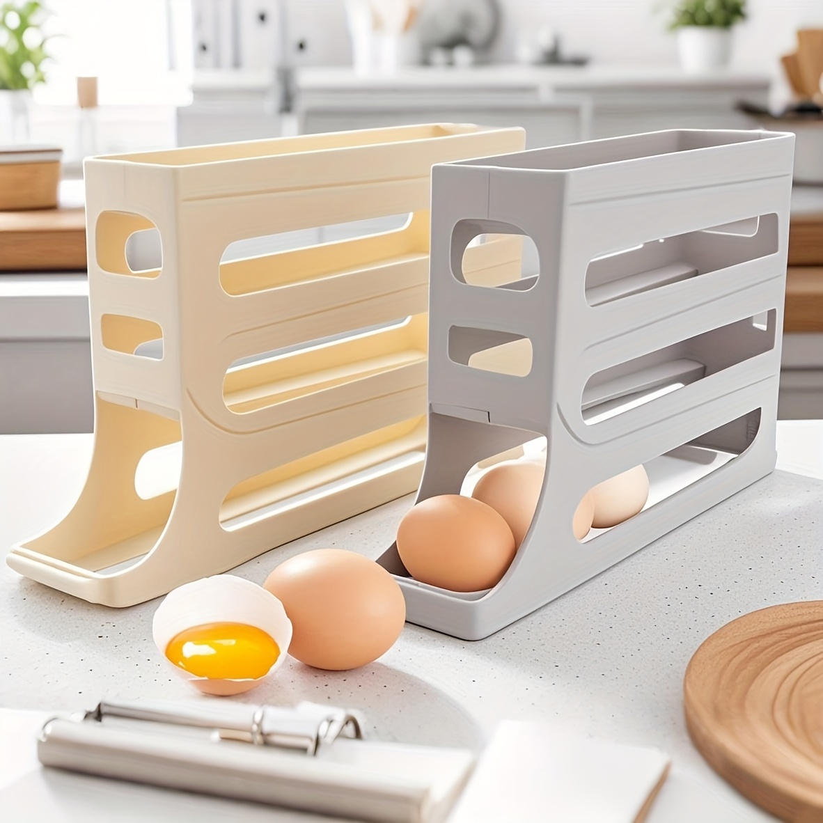 TEMU 30 Egg Refrigerator Organizer, Automatic Rolling Rack, 4 Tier Refrigerator Egg Rack, Space Saving, Refrigerator, Cabinet, Countertop Organizer,