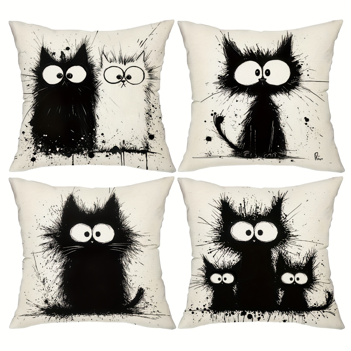 

4pcs Chic Black Cat Throw Pillow Covers, 18x18 Inches - Decorative Cushion Cases For Sofa & Bedroom, Zip Closure, Hand Wash Only - Farmhouse Style Home Decor, Decorative Pillows