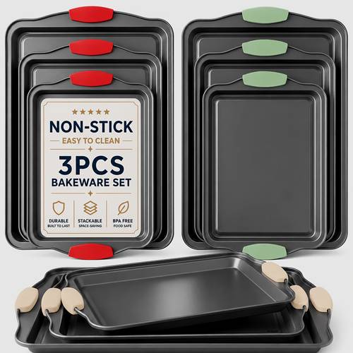 3pcs nonstick carbon steel oven baking pans set with detachable silicone handles premium non stick steel bakeware set commercial grade rimmed sheets easy clean baking trays for pizza kitchen use