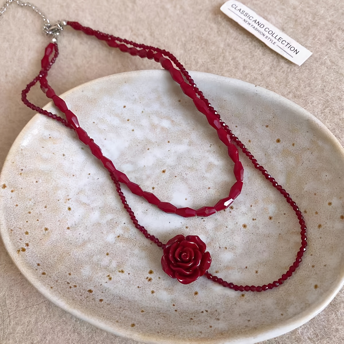 French-Style Red Rose Double-Layer Stackable Necklace