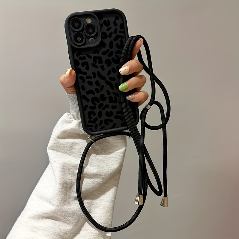 TEMU Phone Case - 2025 Shockproof Black Irregular Graphic Pattern Lanyard Silicone Phone Case For Iphone 16 15 14 13 12 11 Pro Max Xs Xr 7 8 Se2 Se3