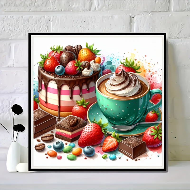 

1pc 5d Diy Diamond Painting Kit, Food Dessert Cake Strawberry Theme, Round Canvas Craft For Adults, Relax Handicraft, Tabletop Decor Wall Art, Home Decoration Gift, Food Theme, Round Shape