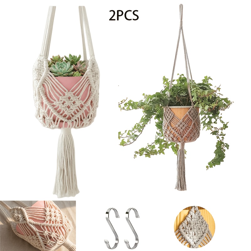 TEMU 2pcs Boho Macrame Plant Hanger Set Rope Plant Holder With Tassel Design For Indoor Outdoor Apartment Home Decor Housewarming Gift