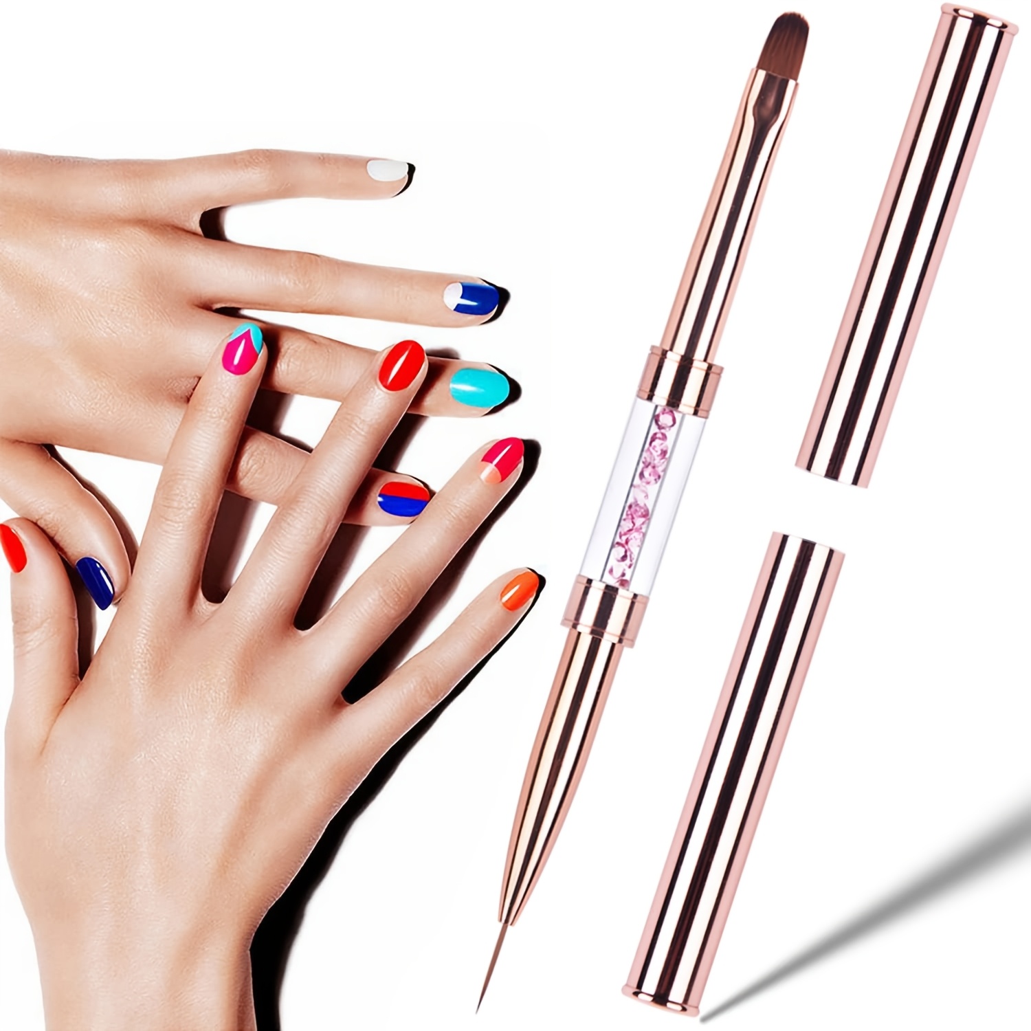 TEMU Double Ended Nail Art Brush, Rose Handle With Inlaid Rhinestones, Ultra Fine Liner Brush + Round Head Gel Glue Painting Brush, Professional