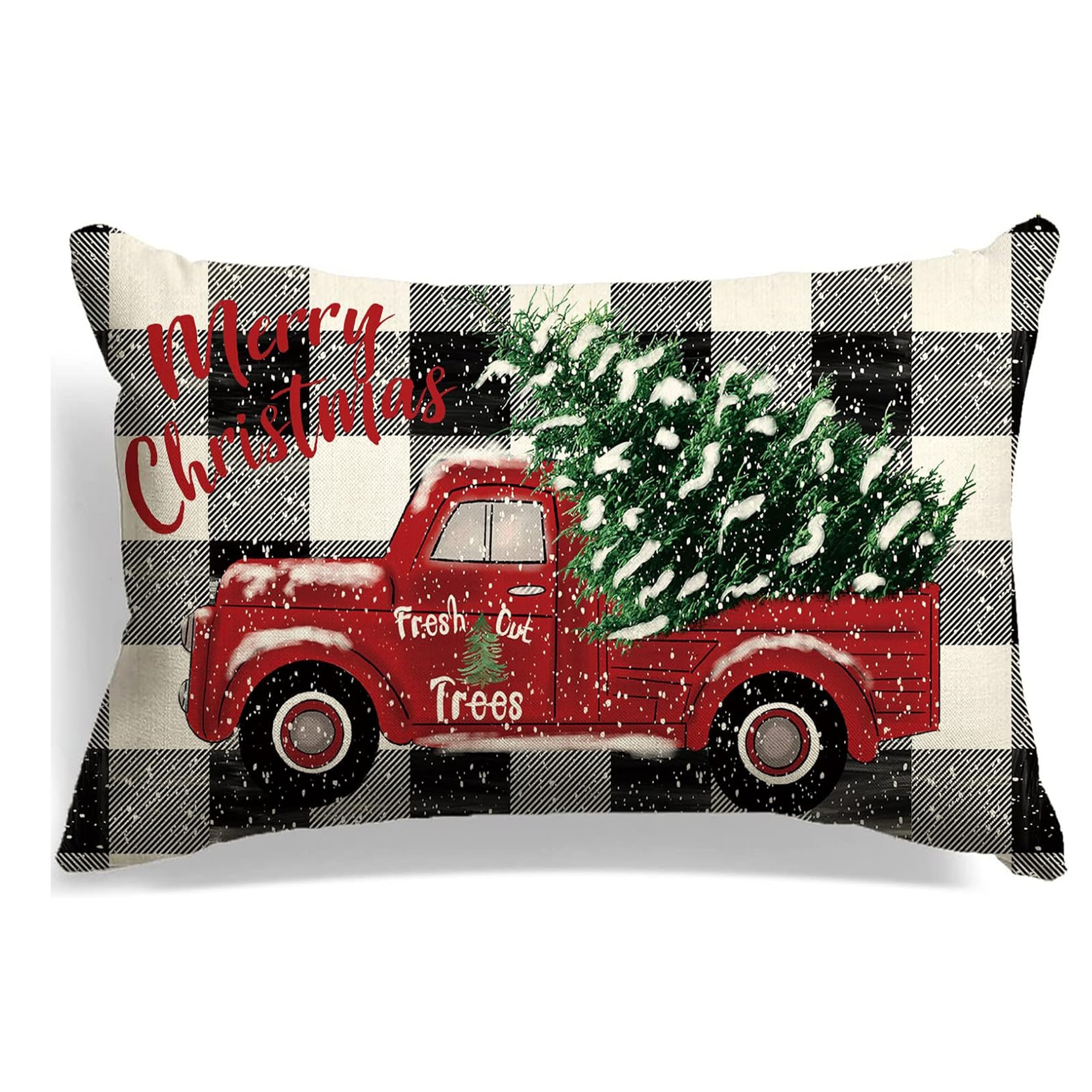 

Festive Farmhouse Christmas Pillow Cover: Red Truck With Plaid Background, 12 X 20 Inch, Single Sided, Linen, Machine Washable, Zipper Closure, Suitable For Various Room Types