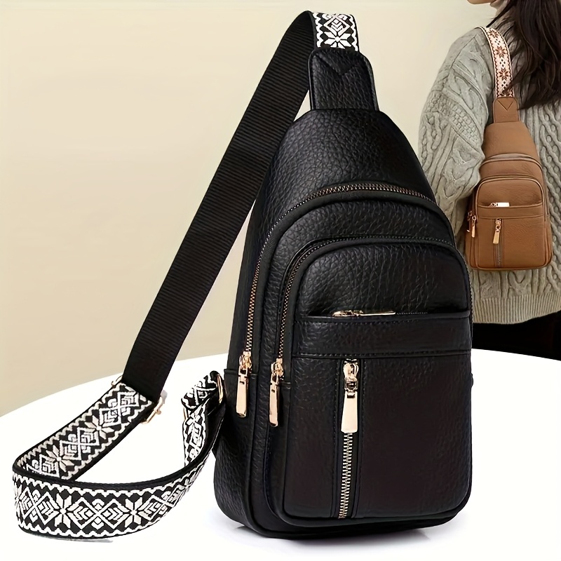 TEMU Sac Vintage Multi-Poches à Fermeture Éclair | Sac de Poitrine en PU | Sac Bandoulière de Sport Homme et Femme | Sangle Florale pour Randonnée,